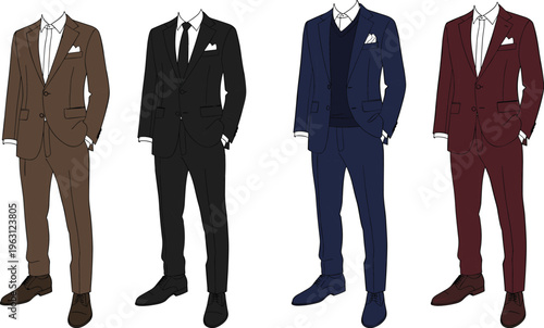 Elegant men suit collection in different colors including brown, black, navy and burgundy, perfect for fashion, formal wear, and business style concepts
