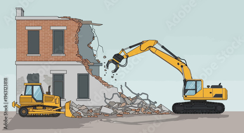 Demolition Site Illustration with Excavator and Bulldozer Tearing Down an Old Brick Building for Urban Renewal and Construction Projects