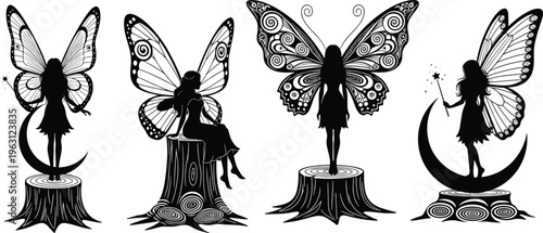 Fairy silhouettes collection with butterfly wings, magical characters, fantasy illustration set, whimsical figures on tree stumps and moon, decorative design isolated on white background