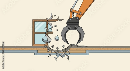 Industrial Excavator Hydraulic Claw Demolishing Building Structure and Floor, Construction Site Demolition Work Illustration with Flying Debris and Rubble