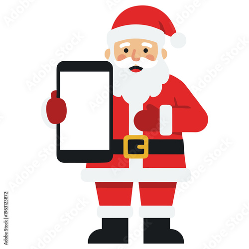 Santa Claus holding smartphone with blank screen, cheerful, wearing red suit, Christmas character, isolated on white.