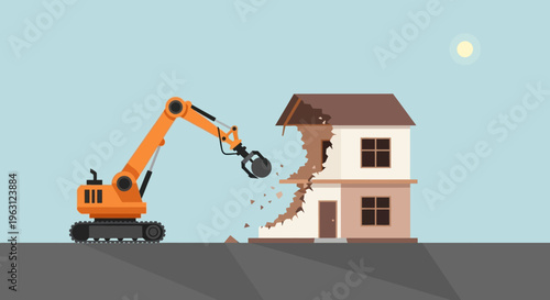 Excavator Demolishing House Vector Illustration for Urban Renewal and Real Estate Development Concepts