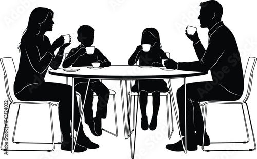 Family drinking tea silhouettes at table, parents and children enjoying together, home lifestyle scene illustration isolated on white background for daily life concept