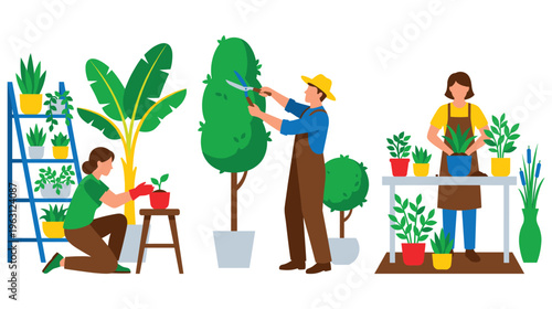 People tending to plants and trees.