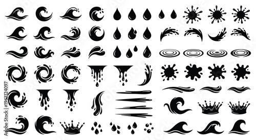 Water splashes and drops set, liquid wavy elements, ink blot stains
