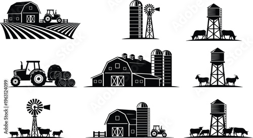 Farm and agriculture silhouette set with barn, tractor, windmill, animals, and rural elements, vector illustration collection isolated on light background for farming design