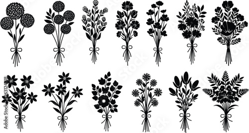 Floral bouquet silhouettes set with various flowers and leaves, decorative botanical arrangement illustration isolated on white background for wedding, decoration and design use