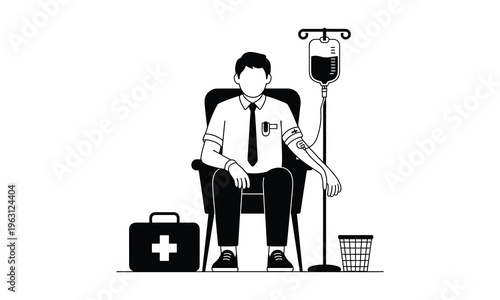 Man sitting in a chair with an iv drip and first aid kit