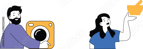 A person showing another a photo while someone else offers a mysterious potion in surprise