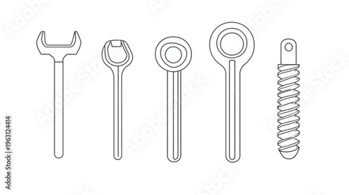 Linear illustration of different wrench shapes and a threaded component, all in outline style