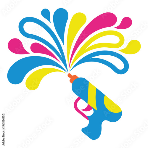 Water gun shooting colorful splashes of water symbolizing fun and celebration at Songkran festival.