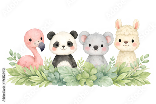 Cute watercolor baby animals illustration with flamingo panda koala and llama behind soft green leaves, adorable nursery wildlife composition in pastel botanical clipart style