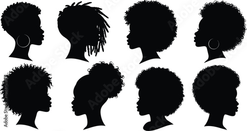 Collection of diverse afro hairstyles silhouettes showcasing natural hair textures, black women profiles, curly styles, cultural identity, beauty, fashion, vector illustration set modern art