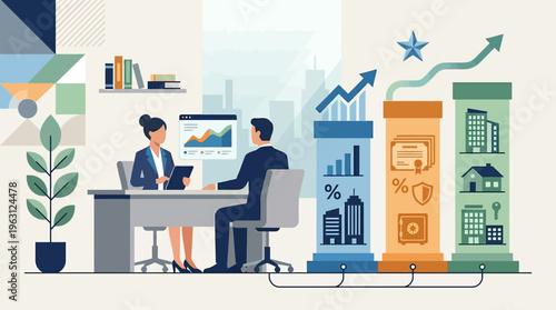 Financial Advisor Consulting Client on Diverse Investment Portfolio including Real Estate, Stocks, and Insurance Assets for Wealth Growth Concept Illustration