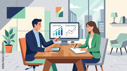 Business Professionals Analyzing Financial Growth and Investment Performance Data in Modern Office Setting Vector Illustration