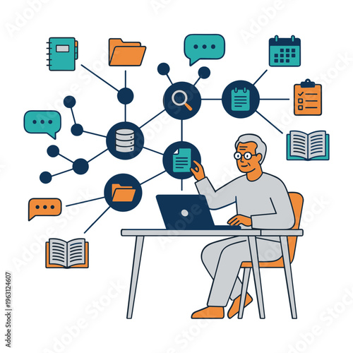 A man researches on a laptop surrounded by various documents and icons.