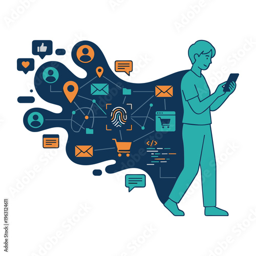 Person interacting with mobile phone surrounded by social media icons