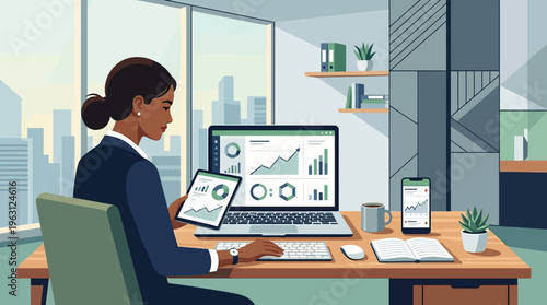 African American Businesswoman Analyzing Data Dashboards and Financial Charts on Multiple Devices in a Modern Office Setting