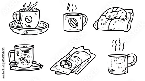 Hand-drawn monochrome illustrations of coffee cups, a pastry, and other food items