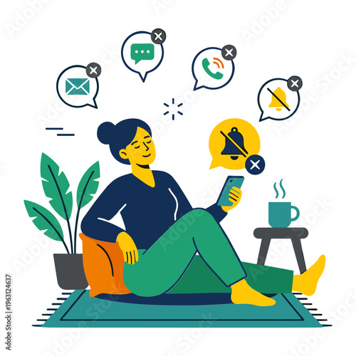 A woman communicates digitally while relaxing on a rug with a plant nearby