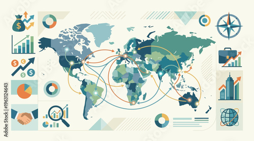 Global Trade and Economy Infographic with World Map, Connection Lines, and Financial Growth Data Icons