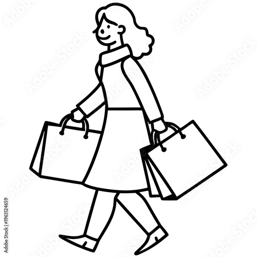 Minimalist one line art of a woman carrying multiple shopping bags after a spree Vector