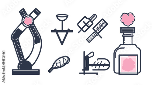 Collection of minimalistic medical icons depicting laboratory equipment and scientific elements