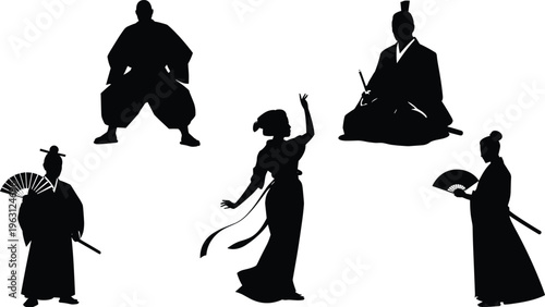 Japanese traditional people silhouettes set, samurai geisha warrior and dancer characters collection, cultural heritage figures isolated black silhouette vector illustration on white background