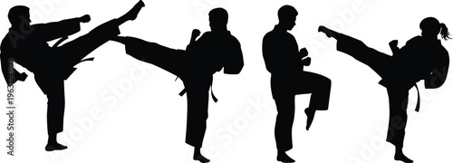 Martial arts fighters silhouette set performing kicks and combat poses, vector illustration isolated on light background for karate, taekwondo, self defense, and sport design