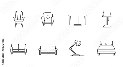 furniture icon set, home furniture, interior design, chair, sofa, table, bed, lamp, outline icons, line icons, minimal, editable stroke, vector collection, UI icons, isolated, white background, modern