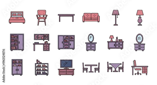 “Full furniture icon set including bed, chair, sofa, table, lamp, wardrobe, bookshelf, cabinet, desk, nightstand, dressing table, mirror, TV stand, shoe rack, storage unit, dining set, office 
