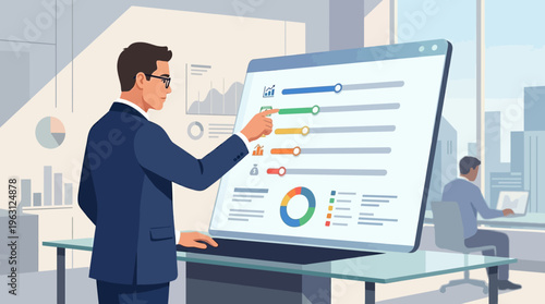 Businessman Analyzing Financial Data and Statistics on Interactive Digital Dashboard in Modern Office Workspace