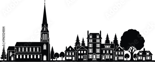 Minimalist black silhouette of small town skyline with church steeple, houses, and trees, vector illustration isolated on light background for urban design concept