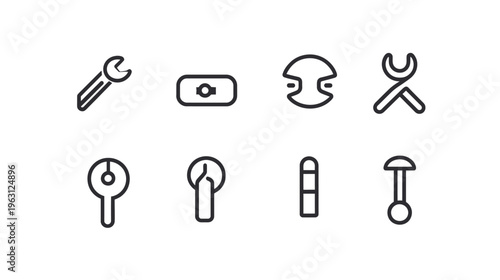Eight various outlined mechanical or construction related line icons arranged on a white backdrop