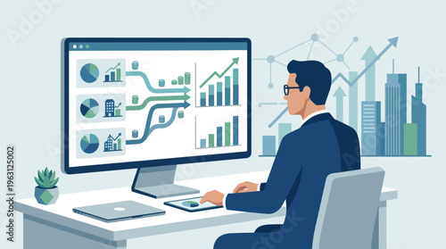 Businessman Analyzing Financial Data Dashboards and Growth Charts on Computer Monitor for Corporate Strategy and Success