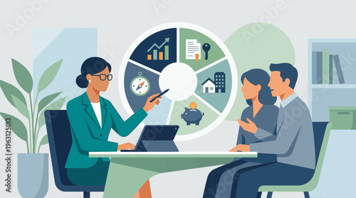 Financial Advisor Consulting with Couple on Investment and Retirement Planning Strategy Flat Vector Illustration