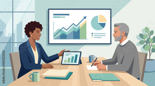 Diverse Business Professionals Analyzing Financial Growth Data in a Modern Office Meeting Presentation