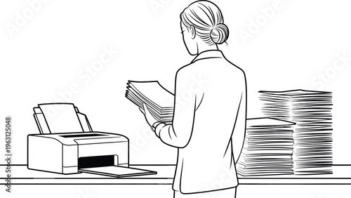 Office worker handling paper documents near printer, business paperwork and document management concept in workplace line art illustration