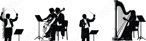 Orchestra musician silhouettes featuring conductor, violinist, cellist and harp player, ideal for classical music, concert performance, and artistic entertainment design concepts