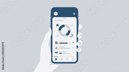 Hand Holding Smartphone with Fintech Investment App Interface and Financial Dashboard Illustration