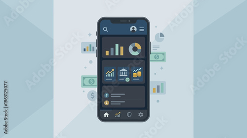 Mobile Financial App Interface Illustration with Investment Charts, Data Analysis, and Personal Banking Features on Smartphone Screen