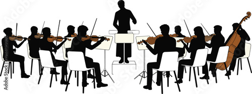 Orchestra musicians silhouette illustration with conductor and string section, classical music performance concept, symphony ensemble scene, artistic concert design isolated on white background