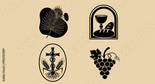 Religious symbols set with palm branch, communion elements, cross, wheat, and grapes.