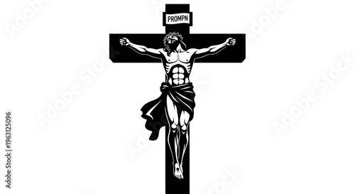 Jesus Christ on the cross in a powerful black and white illustration.