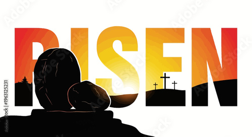 Risen Easter Christian religious celebration with empty tomb and crosses.