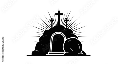 Empty Tomb of Jesus Christ with Three Crosses and Radiant Light.