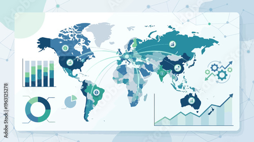 Global Business Infographic with World Map, Financial Data Charts, and Connection Lines for International Trade and Economic Analytics