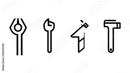 A minimalist illustration of four different tools pliers, wrench, nail puller, and hammer