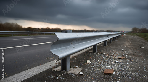 Damaged Highway Guardrail Beside Empty Road Under Heavy Overcast Sky Suggest Trouble, Accidents, Urban Decay, and Journey Concepts