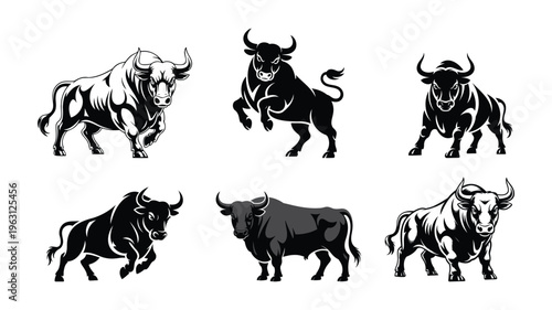 Artistic bull illustrations with detailed shading for sports and mascot design.